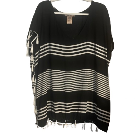 Chelsea & Theodore Black White Stripe Tassel Beach Coverup Size L EUC - Picture 3 of 7